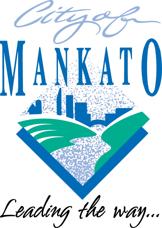 Logo used by the City of Mankato, features a community on the river with the text "City of Mankato: Leading the Way"