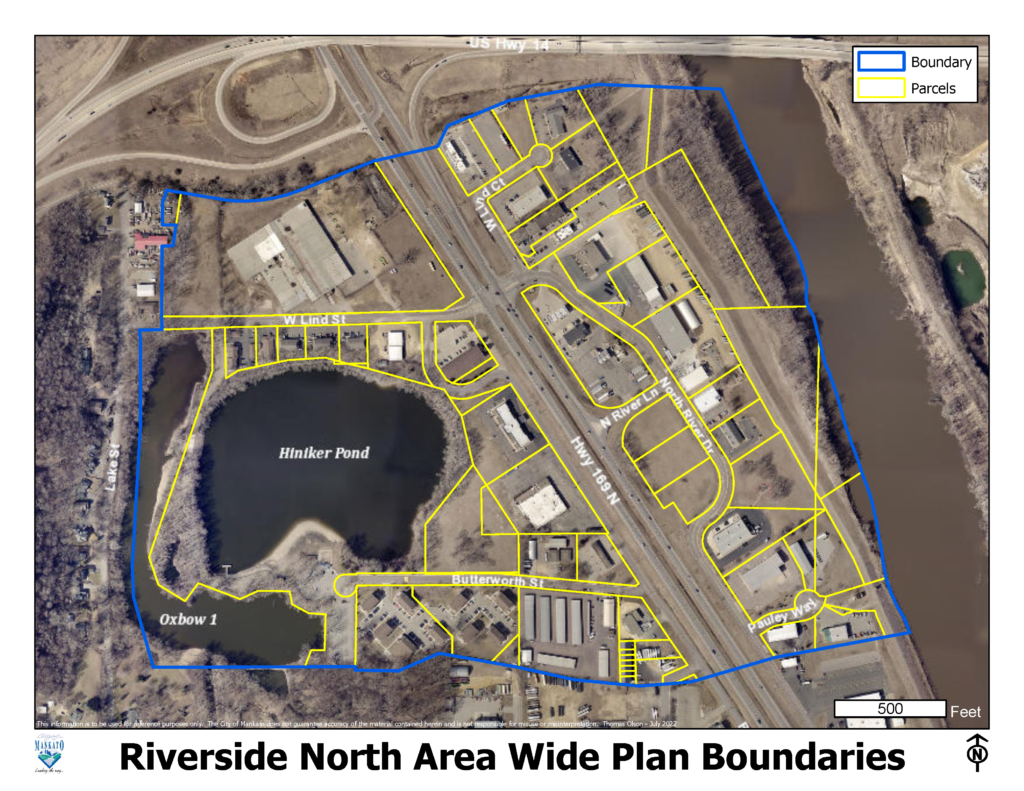 Map highlighting the boundaries of Mankato's Riverside North Area Wide Plan. Displays an image of US Hwy 169 just south of the US HWy 14 interchange with a line surrounding businesses in the area.