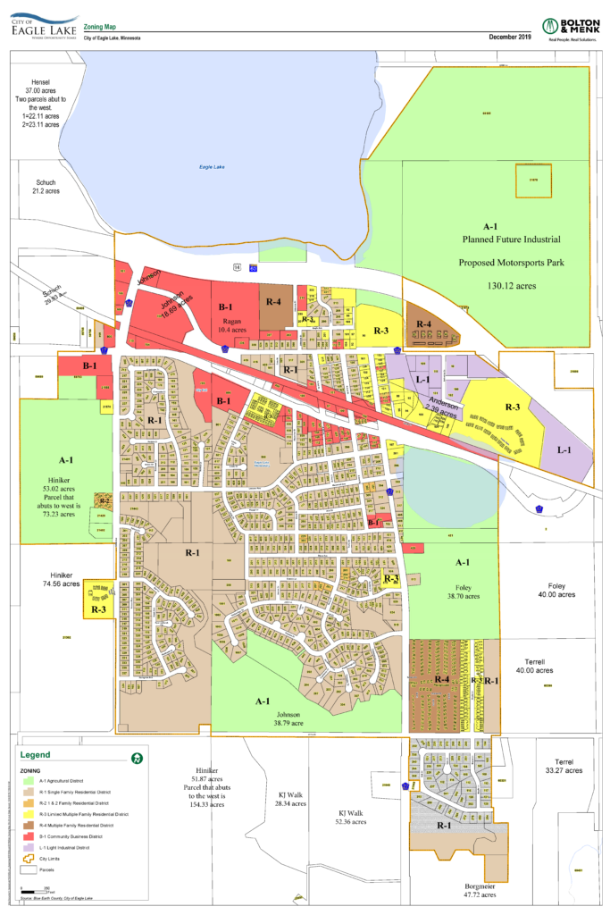 An image of a zoning map for the City of Eagle Lake, which outlines the ownership and acreage of undeveloped land. A pdf of the map will be downloadable when clicked.